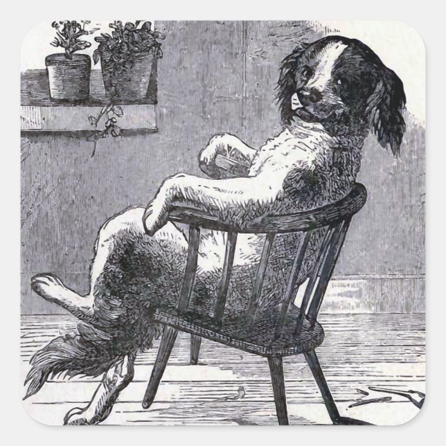 "Dog Sitting in a Chair" Illustration Square Sticker (Front)