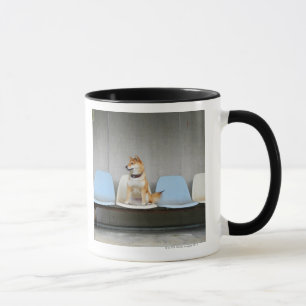 Dog sitting on bench mug