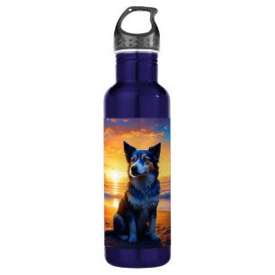 Dog sitting on Ocean Beach at Sunset 710 Ml Water Bottle