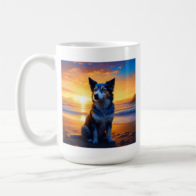 Dog sitting on Ocean Beach at Sunset with Quote Coffee Mug (Left)