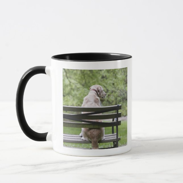 Dog sitting on park bench mug (Left)