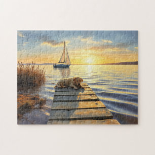 Dog sitting on the dock at sunset jigsaw puzzle