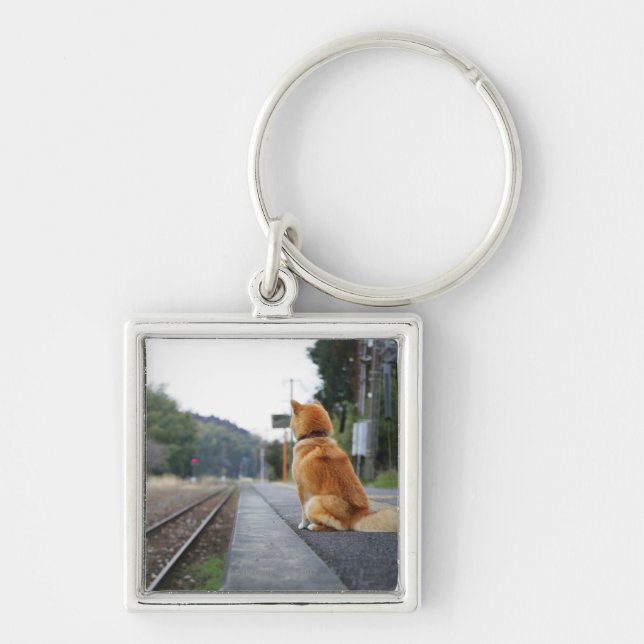Dog sitting on train station key ring (Front)