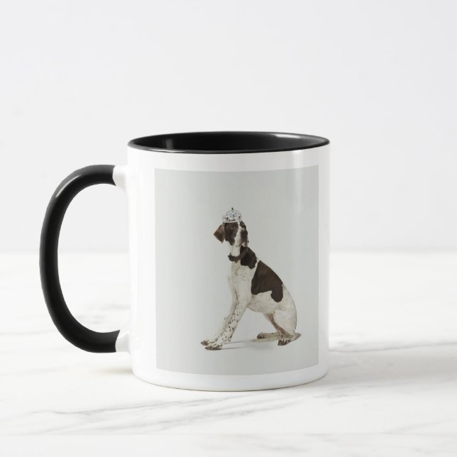 Dog sitting with a tiara on head mug (Left)
