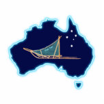 Dog Sled Down Under Photo Sculpture Magnet<br><div class="desc">A dog sled with a teal sled bag and the Southern Cross superimposed on a blue map of Australia.. You may add a bit of text on the sled bag. Who would have thunk it? Mushing upside down in Oz; sometimes even on snow. Dog sledding is quite popular in Australia....</div>