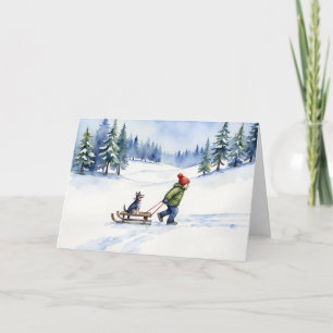 Dog Sled Watercolor Christmas Winter Card