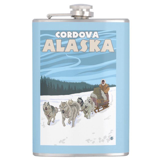 Dog Sledding Scene - Cordova, Alaska Hip Flask (Front)