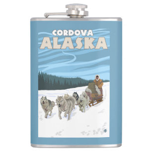 Dog Sledding Scene - Cordova, Alaska Hip Flask