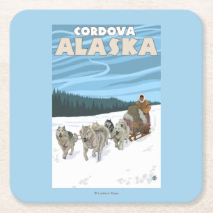 Dog Sledding Scene - Cordova, Alaska Square Paper Coaster