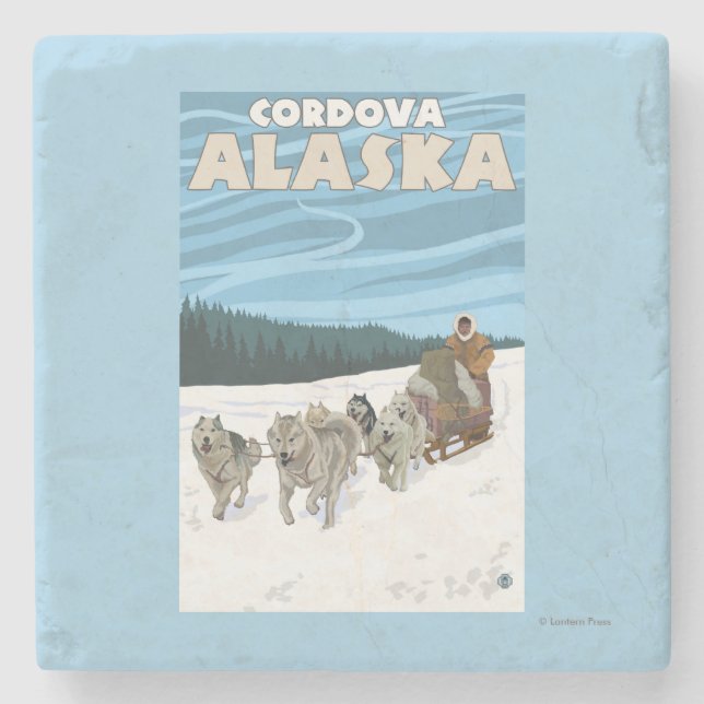Dog Sledding Scene - Cordova, Alaska Stone Coaster (Front)