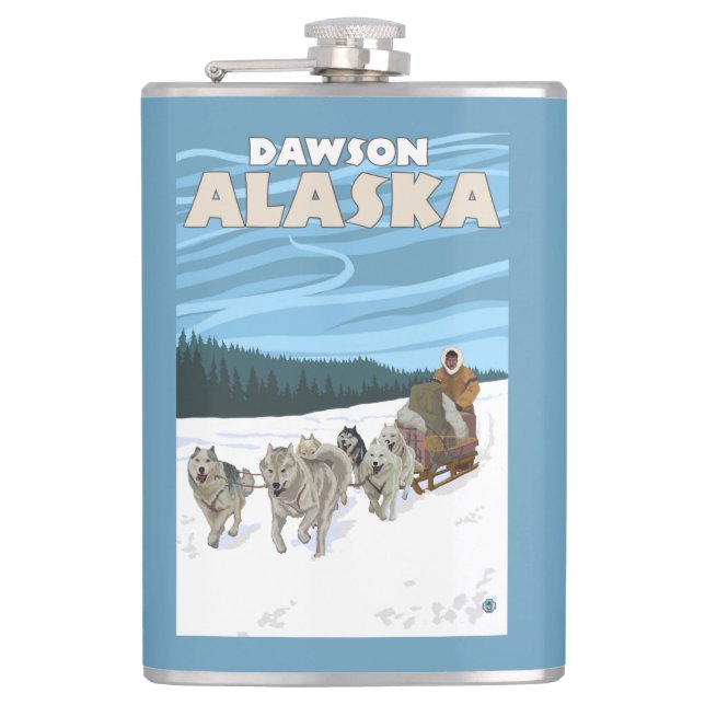 Dog Sledding Scene - Dawson, Alaska Hip Flask (Front)