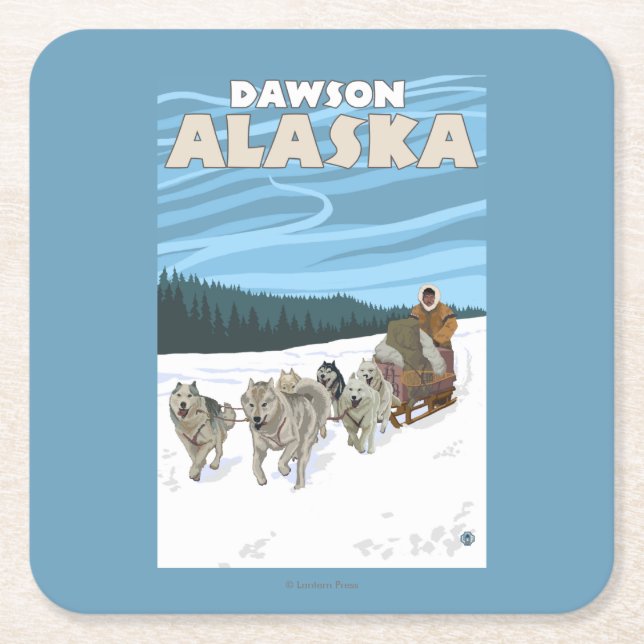Dog Sledding Scene - Dawson, Alaska Square Paper Coaster (Front)
