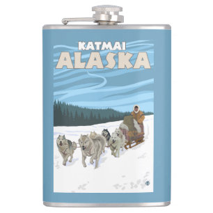 Dog Sledding Scene - Katmai, Alaska Hip Flask