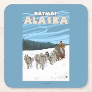 Dog Sledding Scene - Katmai, Alaska Square Paper Coaster