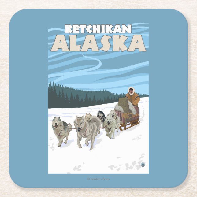 Dog Sledding Scene - Ketchikan, Alaska Square Paper Coaster (Front)