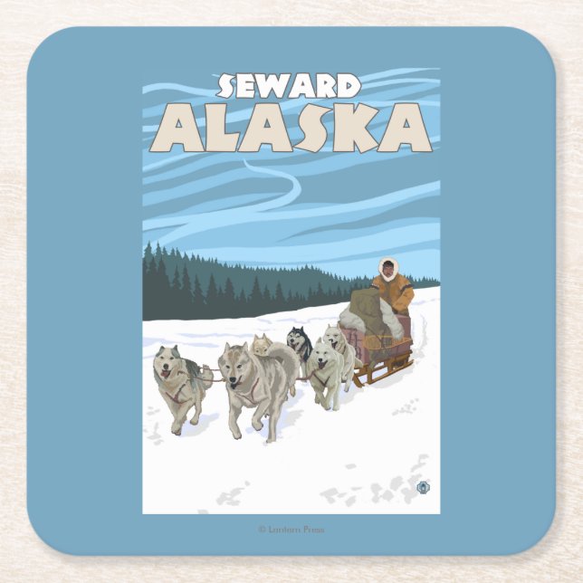 Dog Sledding Scene - Seward, Alaska Square Paper Coaster (Front)