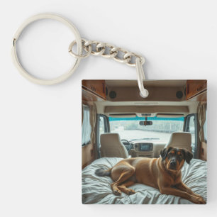 Dog Sleeping in Cosy RV Interior Key Ring