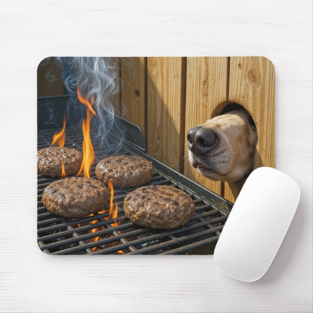 Dog Sniffing Hamburgers On a Barbecue Grill Mouse Pad (With Mouse)