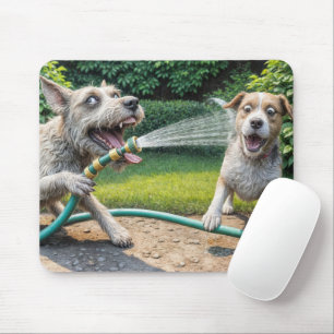 Dog Spraying Water With Garden Hose Mouse Pad
