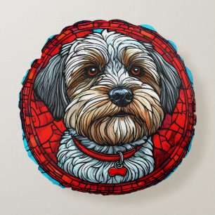 Dog Stained Glass Art Round Cushion