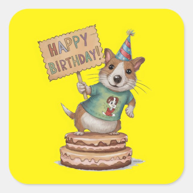 Dog standing on cake holding happy birthday sign square sticker (Front)