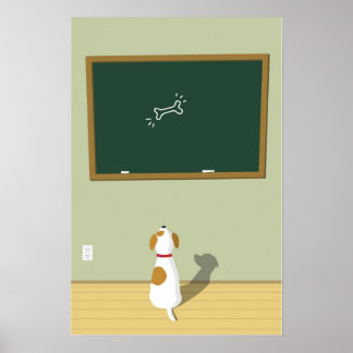 Dog staring at chalk board poster