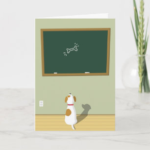 Dog staring at the bone drawing on chalkboard card