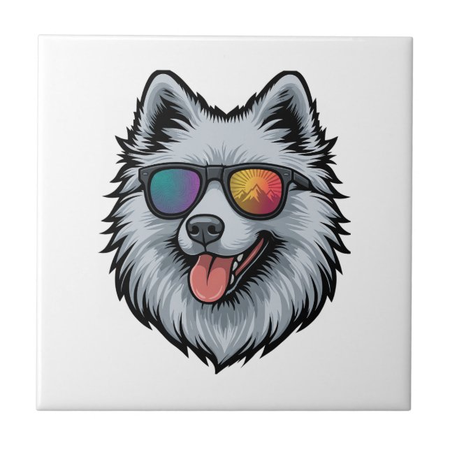 Dog Sunglasses Mountain Sunset Reflection Ceramic Tile (Front)