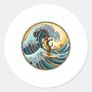 Dog Surf Board Great Wave Kanagawa Surfing - Cute Classic Round Sticker