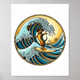 Dog Surf Board Great Wave Kanagawa Surfing - Cute Poster