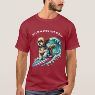 Dog Surfing with a Surfboard Riding a Big Wave URM T-Shirt