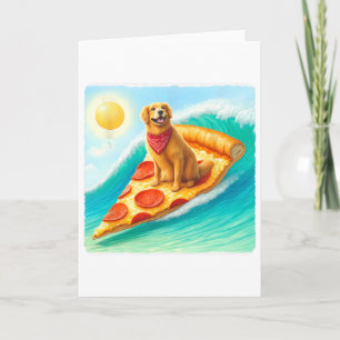 Dog Surfs On Pizza Slice. Cheerful Dog Ndana Surfi Card