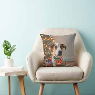 Dog Tangled In Holiday Lights Cushion