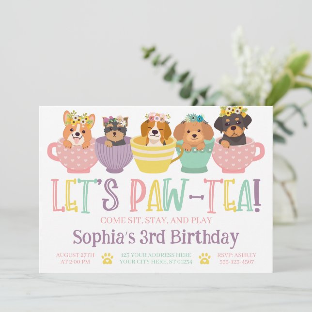 Dog Tea Party Birthday Invitation (Standing Front)