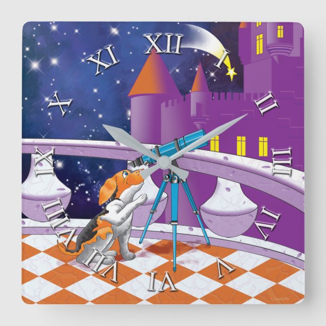 dog telescope square wall clock (Front)