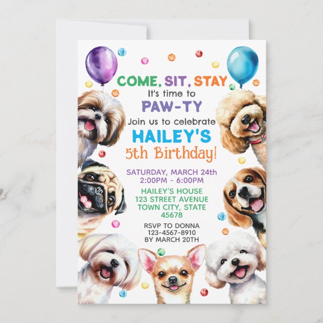 Dog Theme 5th Birthday Party Invitation (Front)