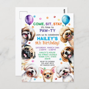 Dog Theme 9th Birthday Party Invitation Postcard