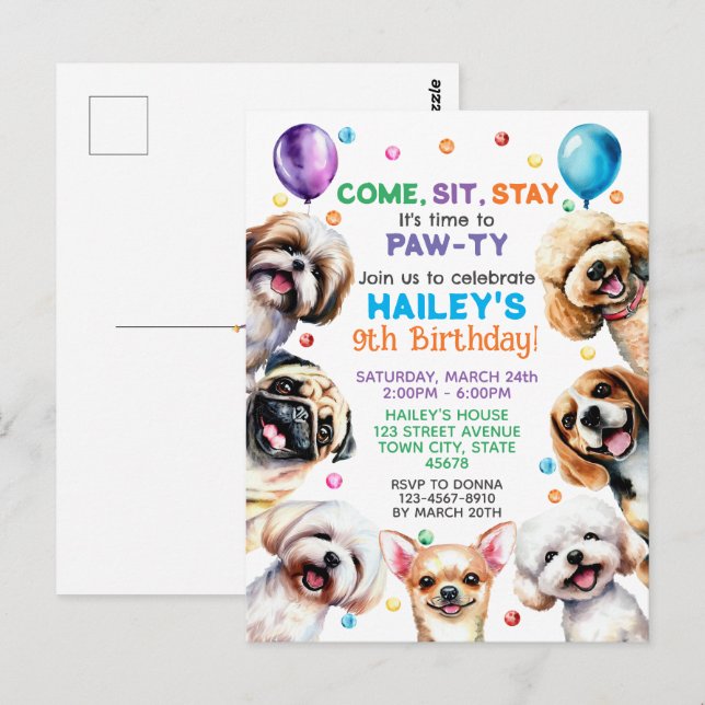 Dog Theme 9th Birthday Party Invitation Postcard (Front/Back)