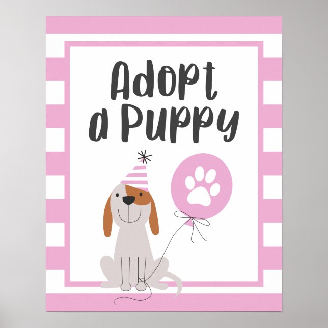 Dog Theme Birthday Party | Adopt A Puppy Sign Pink (Front)