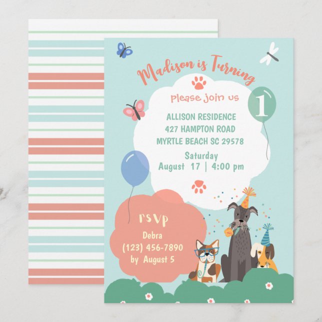  Dog Theme Birthday Party   Invitation (Front/Back)
