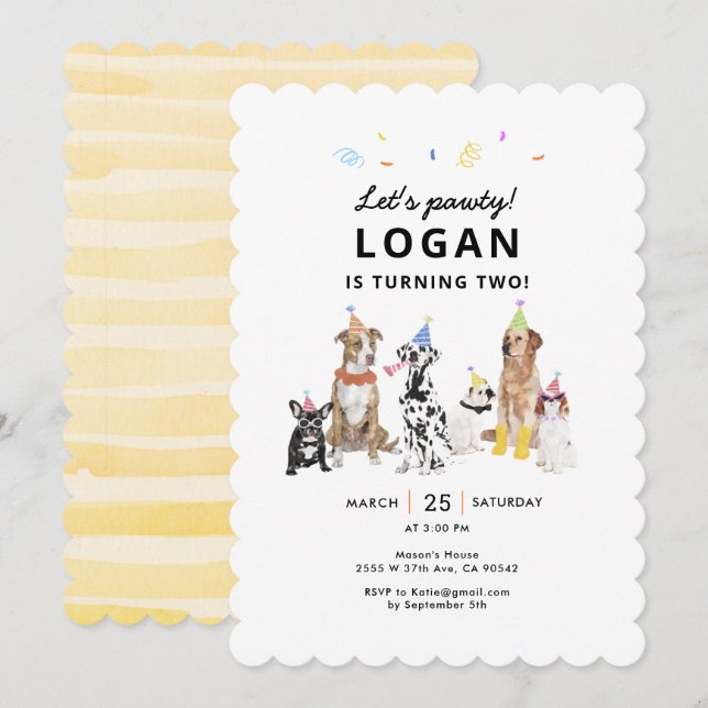 Dog Theme Let's Pawty Dog Birthday Party Invitation (Front/Back)