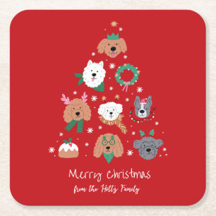 Dog Themed Red Christmas Square Paper Coaster