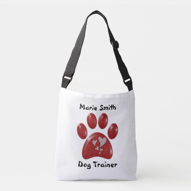 Dog Trainer Red Paw Print White Hearts Paw Pattern Crossbody Bag (Front)
