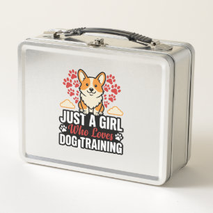 Dog Training Girl Corgi Vintage Vector Shirt Desig Metal Lunch Box