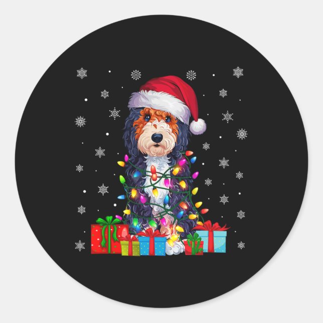 Dog Ugly Xmas Lights Santa Hat Bernedoodle Dog Chr Classic Round Sticker (Front)
