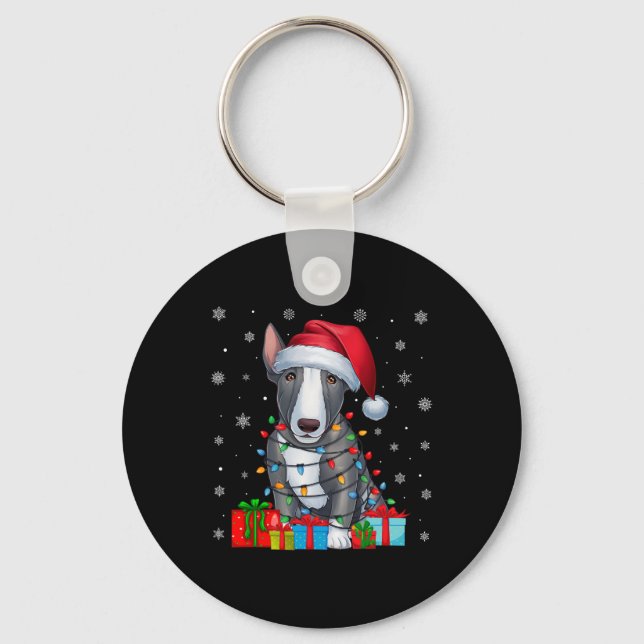 Dog Ugly Xmas Lights Santa Hat Bull Terrier Dog Ch Key Ring (Front)