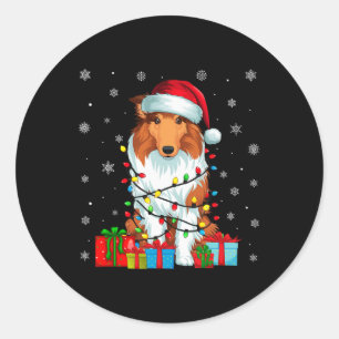 Dog Ugly Xmas Lights Santa Hat Rough Collie Dog Ch Classic Round Sticker