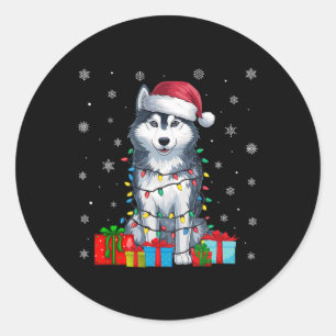 Dog Ugly Xmas Lights Santa Hat Siberian Husky Dog Classic Round Sticker