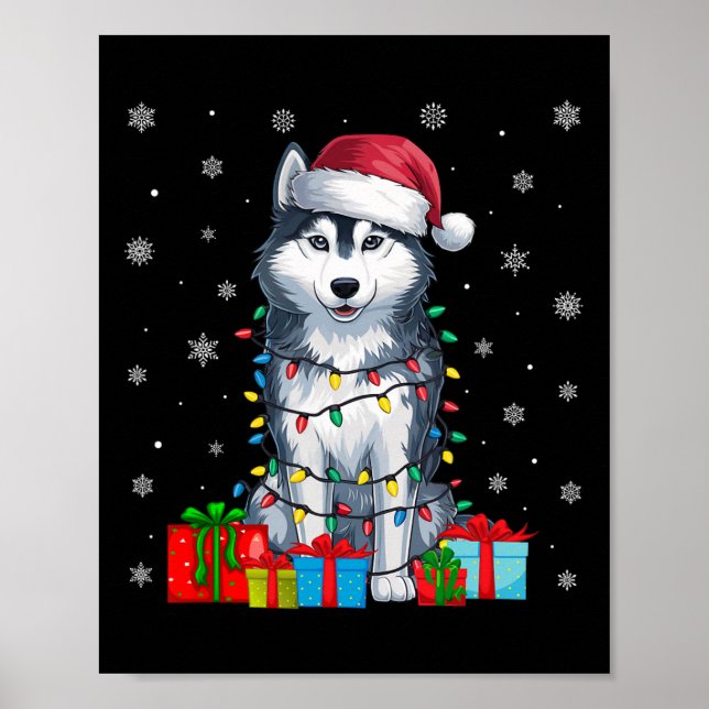 Dog Ugly Xmas Lights Santa Hat Siberian Husky Dog  Poster (Front)