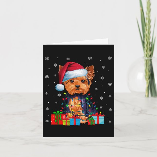 Dog Ugly Xmas Lights Santa Hat Yorkshire Terrier C Card (Front)